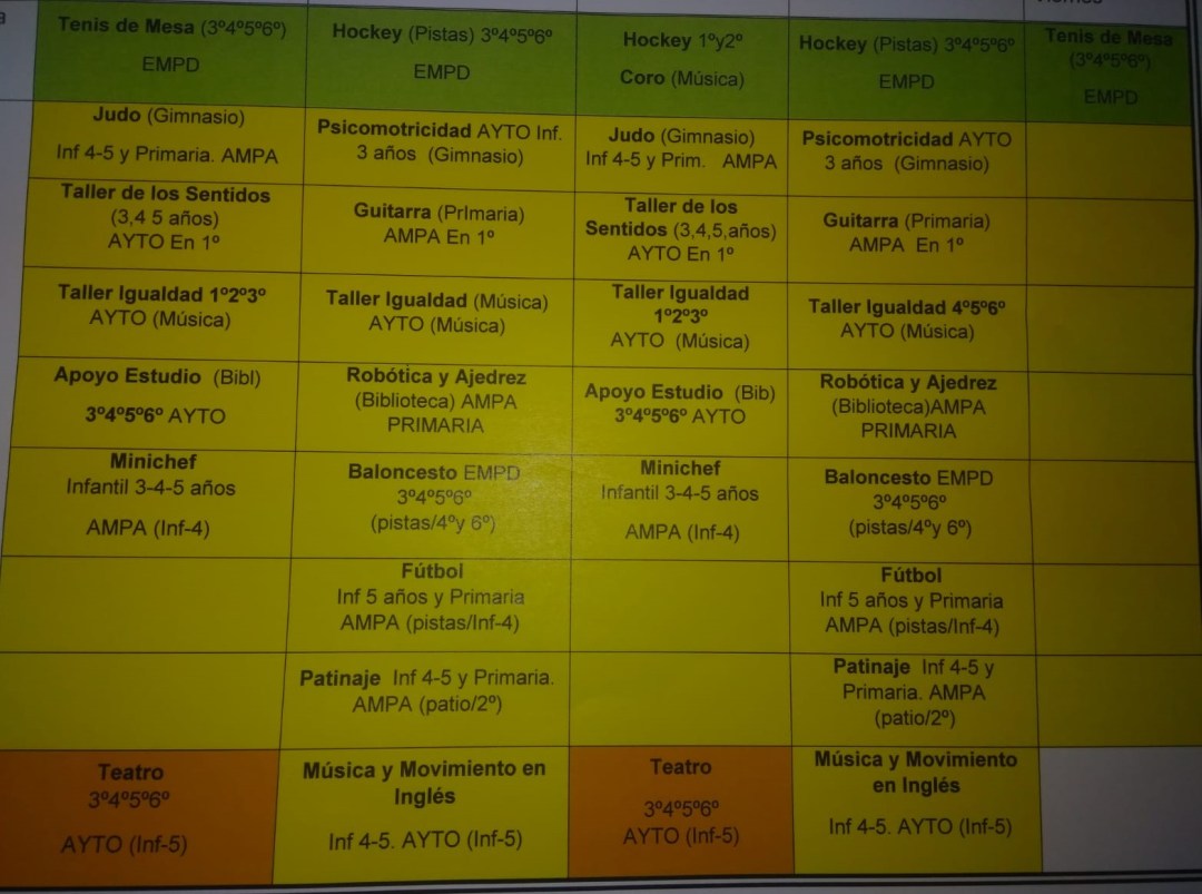 20180928CuadroActividadesExtraescolares